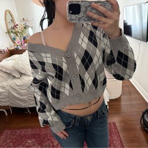 Off-the-Shoulder Gray Argyle Sweater